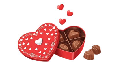 Open heart shaped chocolate box with chocolates and hearts isolated on transparent background