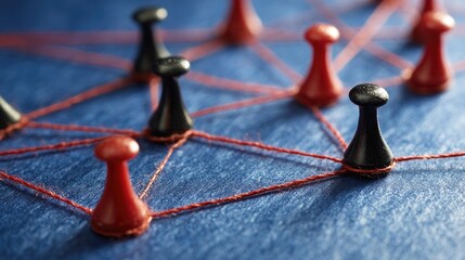 Connected game pieces network concept on a blue surface abstract