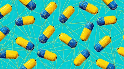 Abstract composition of yellow and blue capsule shaped elements on teal background