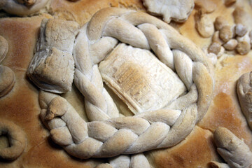 Signs of Serbian orthodox religious glory: candle, grain, Slavic cake, wine, icon of St. Nicholas