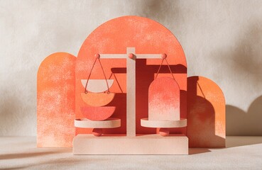 Conceptual miniature paper sculpture depicting a balanced scale mechanism symbolizing justice equilibrium choice and making difficult decisions