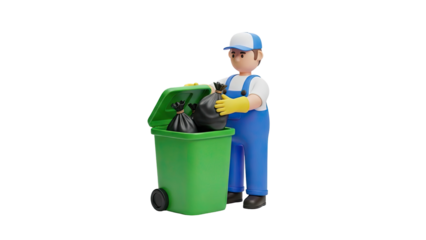 3D Cartoon cleaner with trash bags in green bin on transparent background