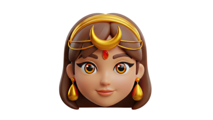 3D Cartoon Cleopatra Face with Moon Crown and Gold Earrings on transparent background