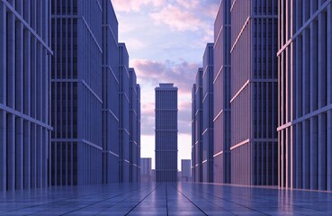 Towering modern architectural facades of skyscrapers line a city canyon leading toward a central high rise at dawn or dusk