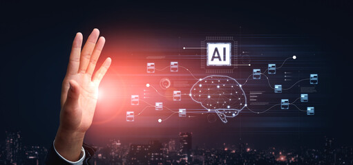 AI neural network and data processing system visualizing artificial intelligence with brain structure, chip, and connected data blocks for computation and learning Vouch