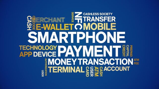 Smartphone Payment animated word cloud-text design animation tag kinetic typography seamless loop.