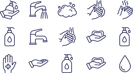 Hand washing and hygiene icon set including soap dispenser water tap bubbles sanitizing hands bathroom faucet liquid gel and cleanliness symbols