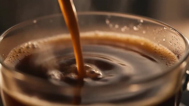 Freshly brewed coffee being poured slowly into a clear glass cup. Rich, dark liquid swirls smoothly, creating delicate ripples and subtle steam rising. 