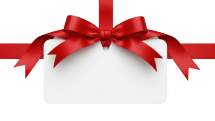 White Gift Tag with Red Ribbon Bow and Ribbon Isolated on Transparent Background