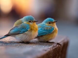 Obraz premium Two small birds blue and yellow sit sidebyside on a rough flat surface against a blurry background