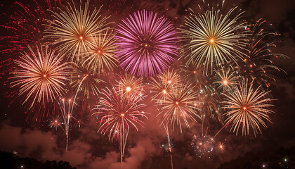 Spectacular multi-colored fireworks light up the night sky during a festive celebration