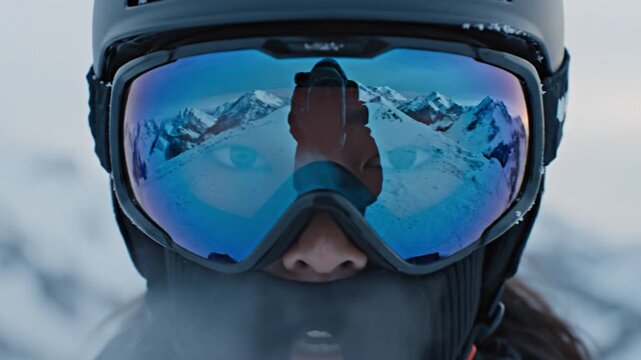 Close up shot of skier face in helmet and goggles reflecting snowy mountain peaks. Perfect for winter sports, travel advertisements and extreme adventure concepts.