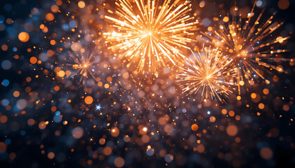 Golden fireworks exploding against a dark sky creating a festive and dazzling display with bokeh lights