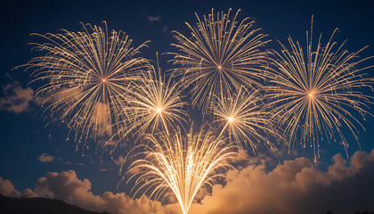 Spectacular golden fireworks light up the night sky in a grand celebration