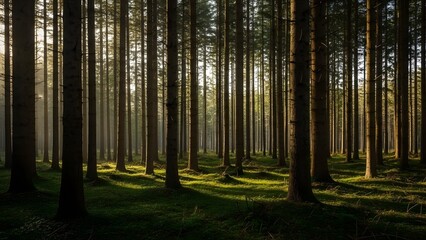 Obraz premium Serene forest landscape with tall trees and sunlight filtering through
