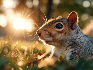 Obraz premium Closeup of a squirrel amidst grass with sunlight creating a bright bokeh effect in the background