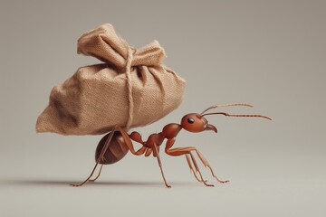 Ant carrying a heavy sack on a neutral background.
