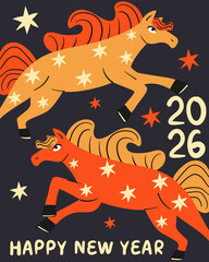 Chinese New Year of the horse 2026 greeting card. Hand drawn bright poster. Doodle style flat vector illustration.