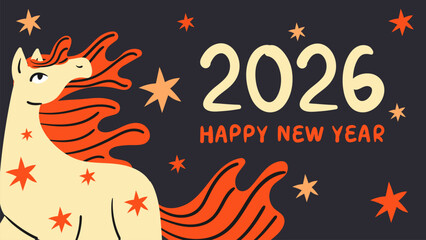 Chinese New Year of the horse 2026 banner. Hand drawn bright poster. Doodle style flat vector illustration.