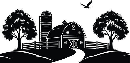 Rural farm landscape silhouette vector illustration, countryside barn with silo trees fence and bird, minimalist country scenery isolated background © MdMojibar