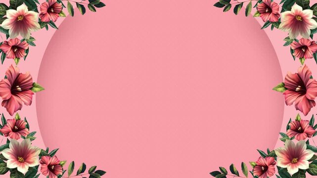 Elegant floral frame with vibrant pink hibiscus flowers and lush green leaves on a soft pink background, perfect for adding a touch of nature and beauty to any design or project