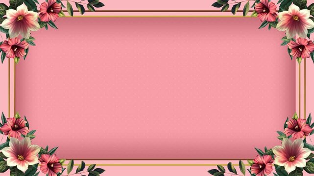 Beautiful pink floral frame with golden borders on a polka dot background, perfect for invitations, cards, or decorative designs with an elegant and feminine touch.