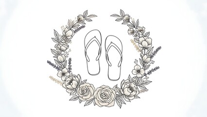 Floral wreath with flip flops elegant black and white illustration