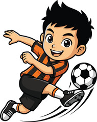 Cartoon young boy soccer player vector illustration, happy kid athlete in orange and black striped jersey kicking football ball, isolated character design. © Hey there
