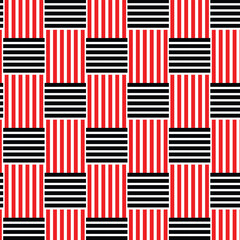 This image displays a seamless geometric pattern created from large rectangular blocks arranged in a grid. The blocks alternate between two designs: one featuring red and white vertical stripes, 