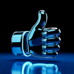 thumbs up 3d blue chrome metallic icon with cyan neon glow on reflective black background