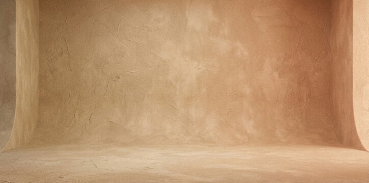 AI GENERATED: Warm earthy minimalist studio background with rough stucco plaster walls and visible trowel marks for organic product placement