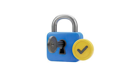 3D Blue padlock with key and yellow checkmark coin on transparent background