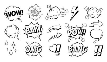 Comic boom cartoon effect line element set. Comic speech bubble pow, boom text, explosive splash smoke, wow cartoon vector icon. Hand drawn sketch doodle explosive element. Vector illustration. © Miftahul Nehar