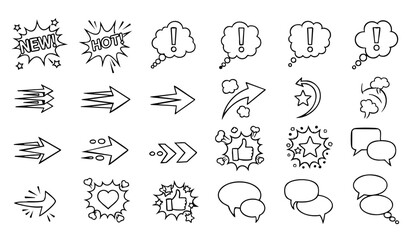 Comic boom cartoon effect line element set. Comic speech bubble pow, boom text, explosive splash smoke, wow cartoon vector icon. Hand drawn sketch doodle explosive element. Vector illustration. © Miftahul Nehar