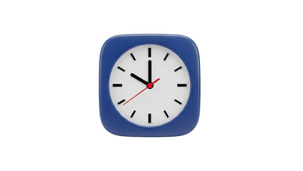 3D Blue square clock with white face and red second hand on transparent background