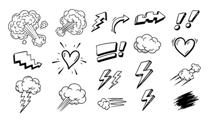 Comic boom cartoon effect line element set. Comic speech bubble pow, boom text, explosive splash smoke, wow cartoon vector icon. Hand drawn sketch doodle explosive element. Vector illustration. © Miftahul Nehar