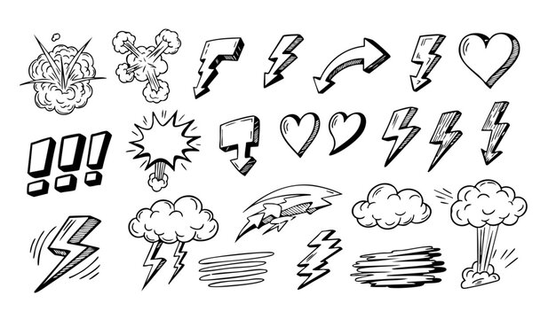 Comic boom cartoon effect line element set. Comic speech bubble pow, boom text, explosive splash smoke, wow cartoon vector icon. Hand drawn sketch doodle explosive element. Vector illustration.
