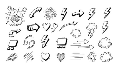 Comic boom cartoon effect line element set. Comic speech bubble pow, boom text, explosive splash smoke, wow cartoon vector icon. Hand drawn sketch doodle explosive element. Vector illustration
