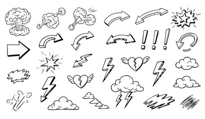 Fototapeta premium Comic boom cartoon effect line element set. Comic speech bubble pow, boom text, explosive splash smoke, wow cartoon vector icon. Hand drawn sketch doodle explosive element. Vector illustration.