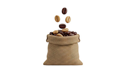 3D Burlap bag overflowing with roasted coffee beans with beans falling on transparent background