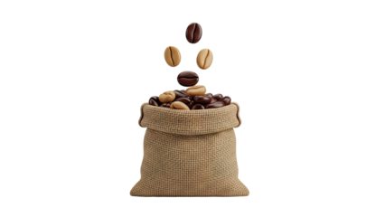 3D Burlap bag overflowing with roasted coffee beans with beans falling on transparent background