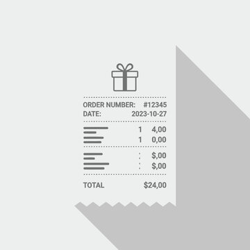 A minimalist graphic illustration of a paper receipt showing an order number, date, itemized list, and total amount with a gift box icon.