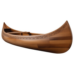 Hand carved wooden canoe with intricate geometric patterns on a black transparent background