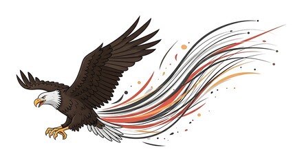 Fototapeta premium Soaring eagle illustration with stylized streamers on white