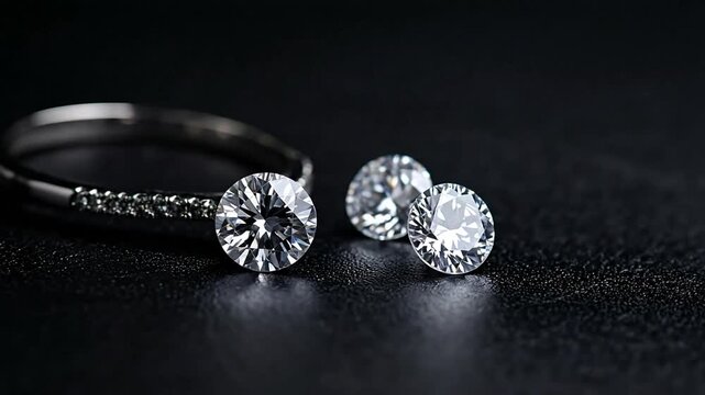 Close-up of three brilliant diamonds and a ring set against a black textured surface