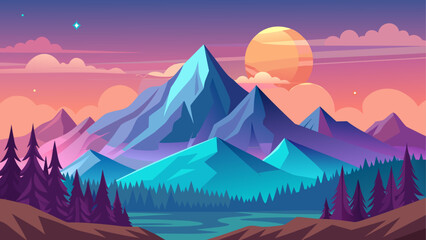 Minimal mountain background vector with pastel sky and simple shapes