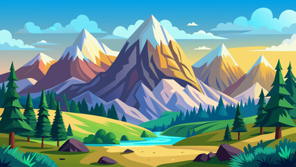 Mountain landscape vector illustration for website header with wide copy space and flat design