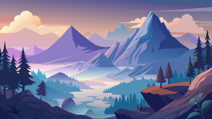 Foggy mountain landscape vector with soft gradients, calm atmospheric scene
