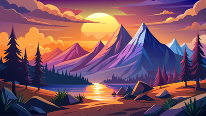 Mountain landscape vector with dramatic sunrise light, cinematic flat illustration