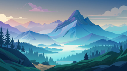 Foggy mountain landscape vector with soft gradients, calm atmospheric scene